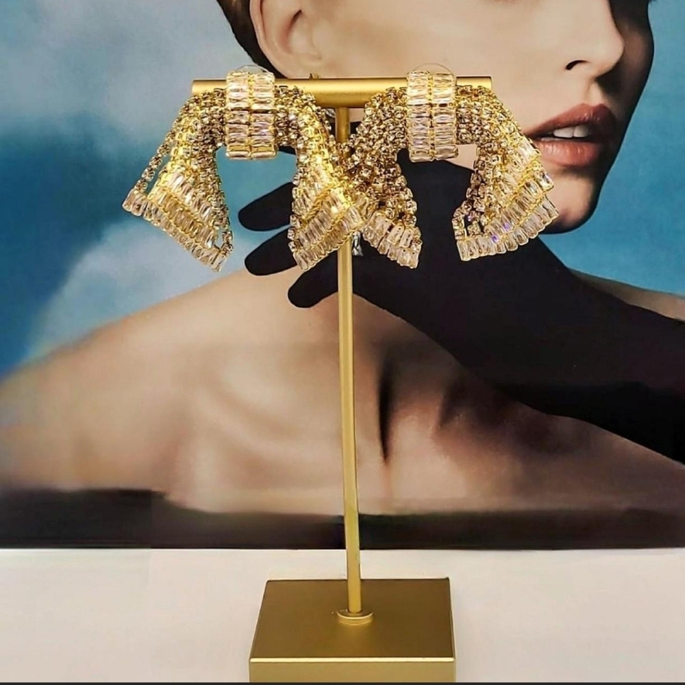 Estate AB Luxury Palace Chic Crystal Exaggerated Bow Gold Dangle Earrings - Picture 2 of 15